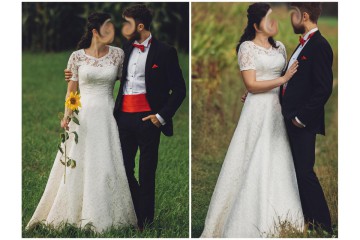 Piękna koronkowa suknia ślubna, gorset, bolerko+pasek+halka z regulowanym kołem
