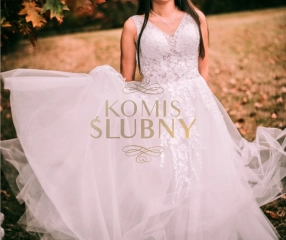 Sprzedam suknię ślubną Biała, linia A, rozmiar 34-38 (wszyty gorset zakryty zapinanymi guziczkami), wzrost 160 cm, tiul koronka