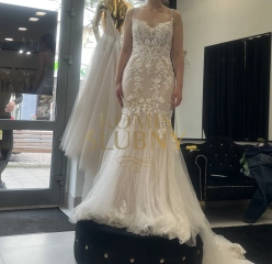 Koronkowa rybka Randy Fenoli z pięknym, długim trenem i odpinanymi rękawami rozmiar 36-38 wzrost 178cm